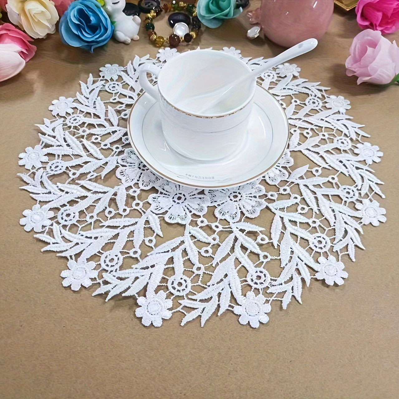 Elegant European lace coaster set for table protection.