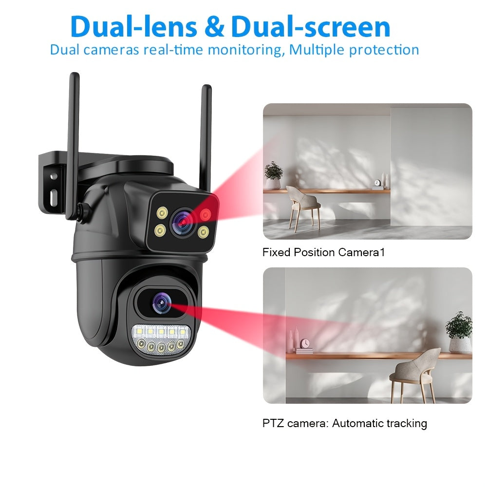 4K dual lens PTZ dome camera with WiFi, wall hanging, Alexa & app control, motion detection, two-way audio, night vision, and auto pan-tilt function. Non-waterproof with Type C plug.