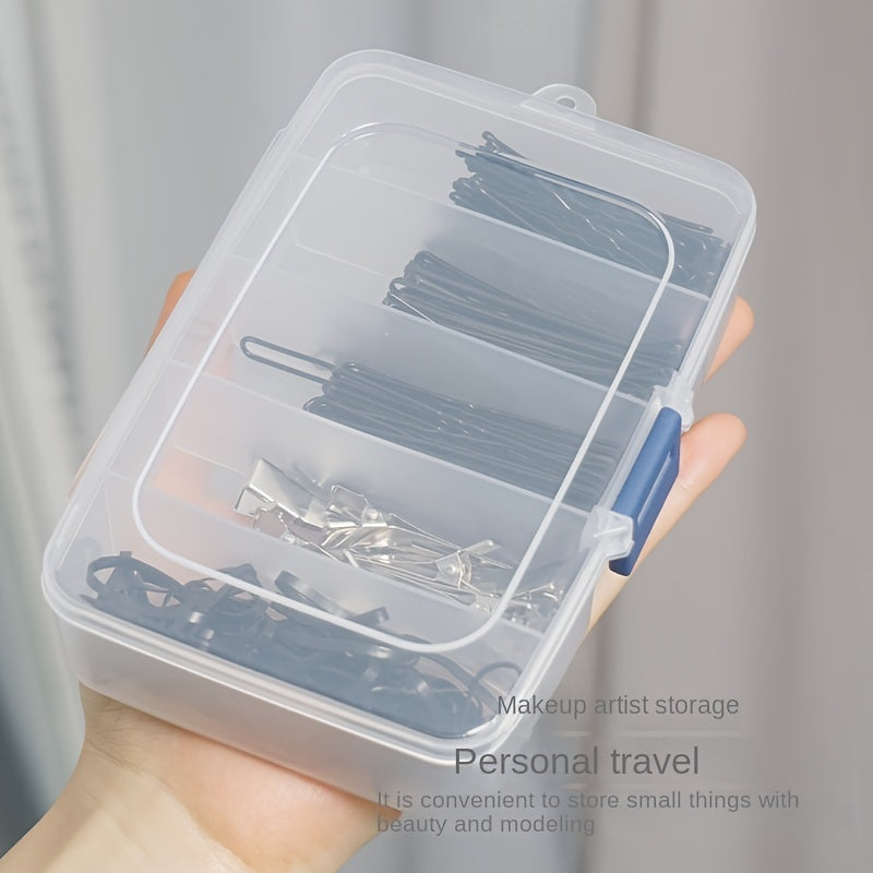 Small five-compartment storage box with buckle closure for beauty tools, hair accessories, and office desk organization. Can be used for cosmetics, hairpins, and headwear.