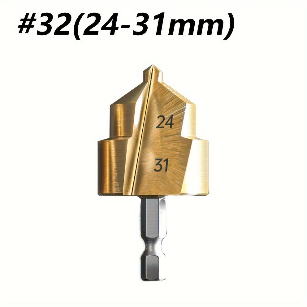 Hexagonal handle reaming drill bit for plastic water pipes. Converts small diameter pipes into larger ones. Ideal for connecting plastic pipes in home improvement projects.