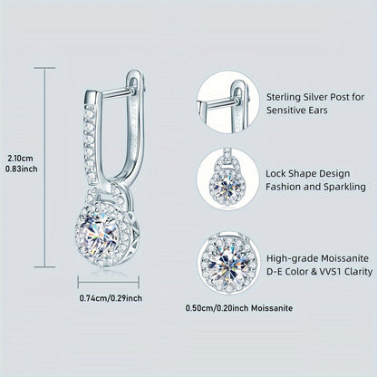 This pair of stylish hoop earrings is crafted from 925 sterling silver and features a beautiful silvery gram weight of 2.76g. Each earring showcases two dazzling Moissanite stones measuring 5mm, with a total carat weight of 0.5ct. The unique earring lock