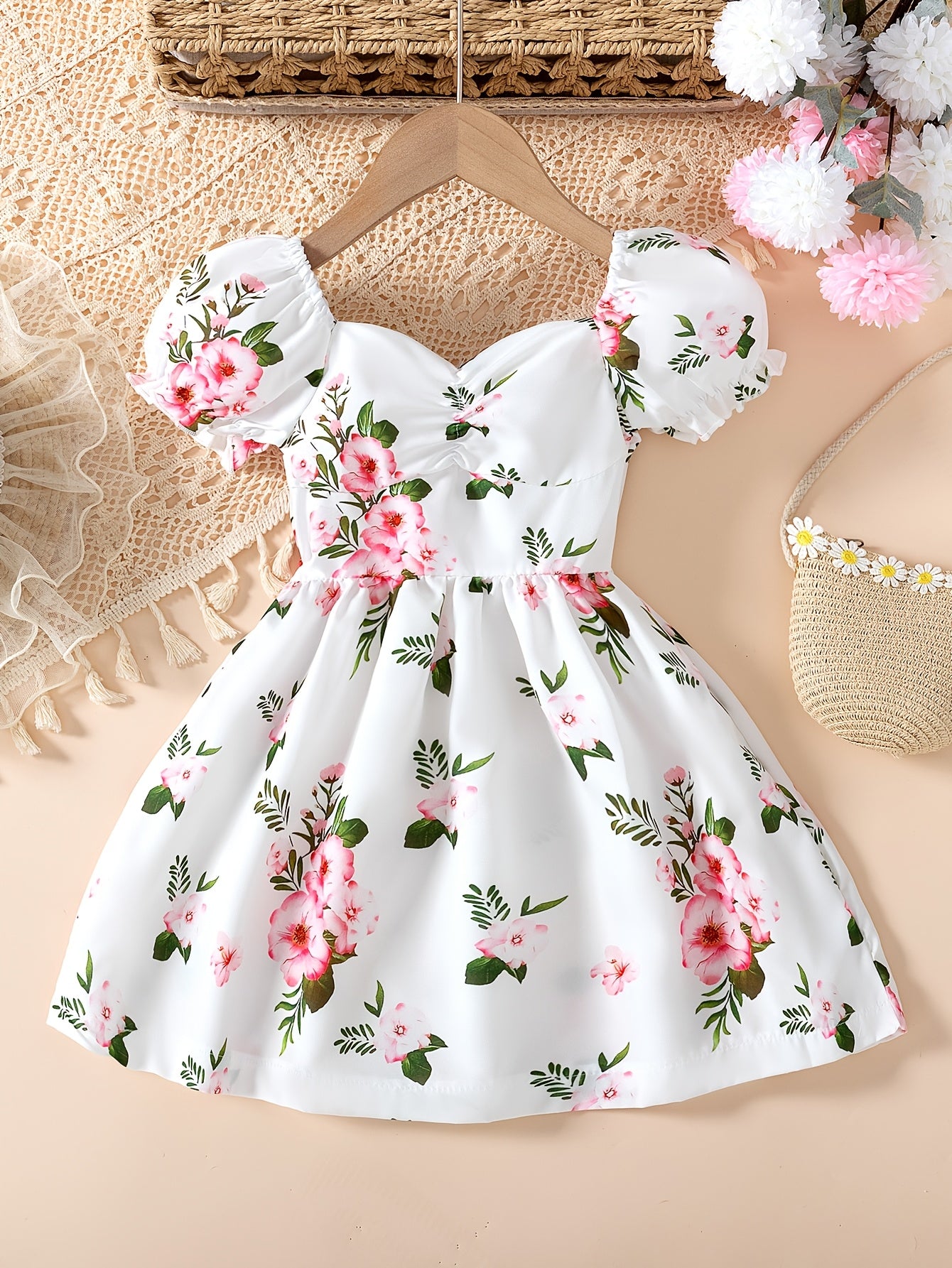 Flower Lady Lantern Sleeve Summer Dress with Sweet Skirt