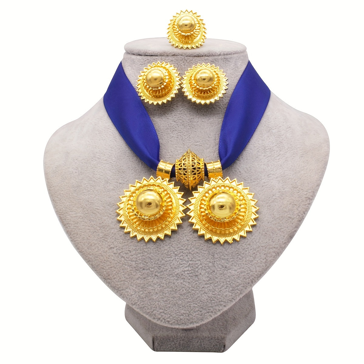 Luxury jewelry set includes four pieces: a necklace, earrings, and a ring plated in multiple colors. Perfect for evening parties and traditional bridal accessorizing. Choose from a variety of colors.