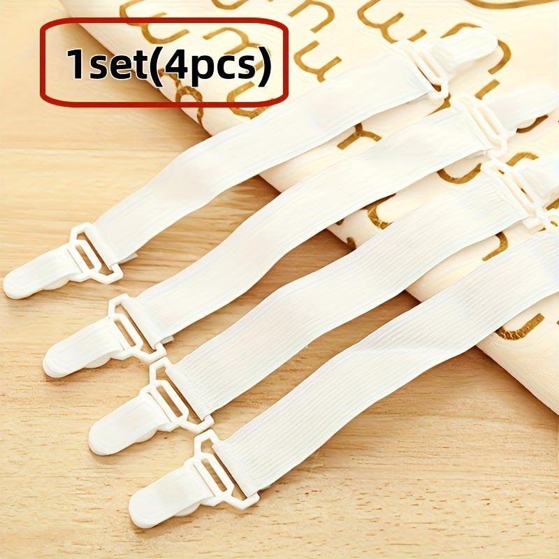 Set of 4 White Elastic Sheet Straps with Clips, Recommended for Hand Washing, Reliable Woven Fasteners for a Snug Fit