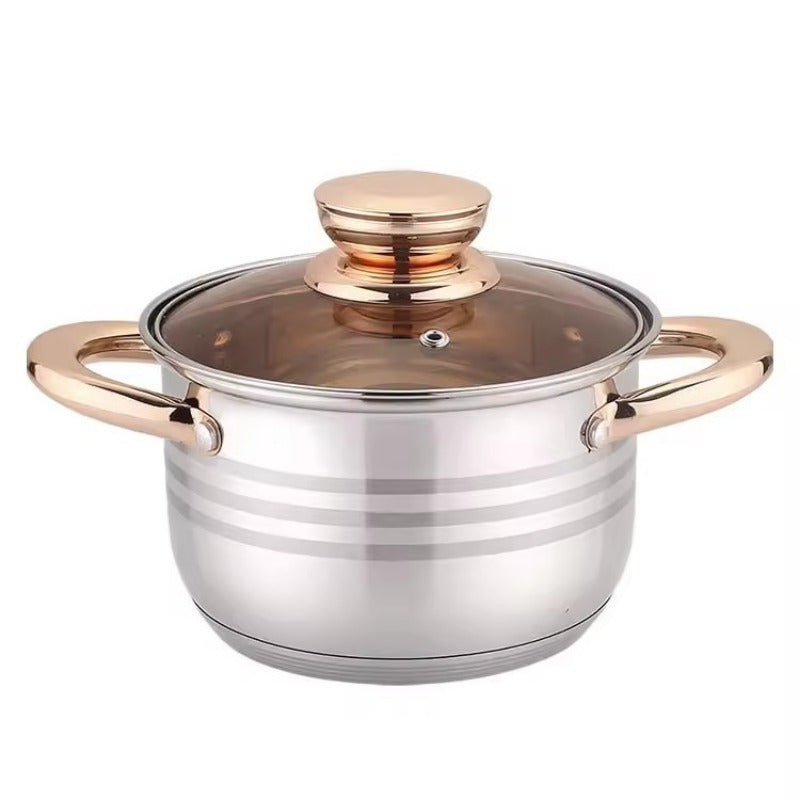 A durable set of 12 stainless steel cookware pieces featuring lids with anti-bronzing handles and visible lids. The 7-layer thickened covers provide durability, while the healthy material ensures safe cooking. This set includes a variety of kitchen pots