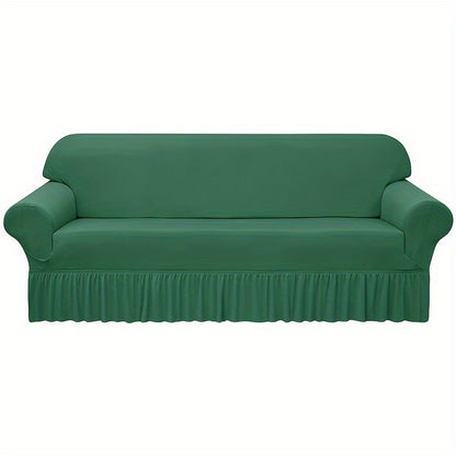 Elastic waterproof sofa slipcover with skirt for all seasons, ideal furniture protection for home and office.