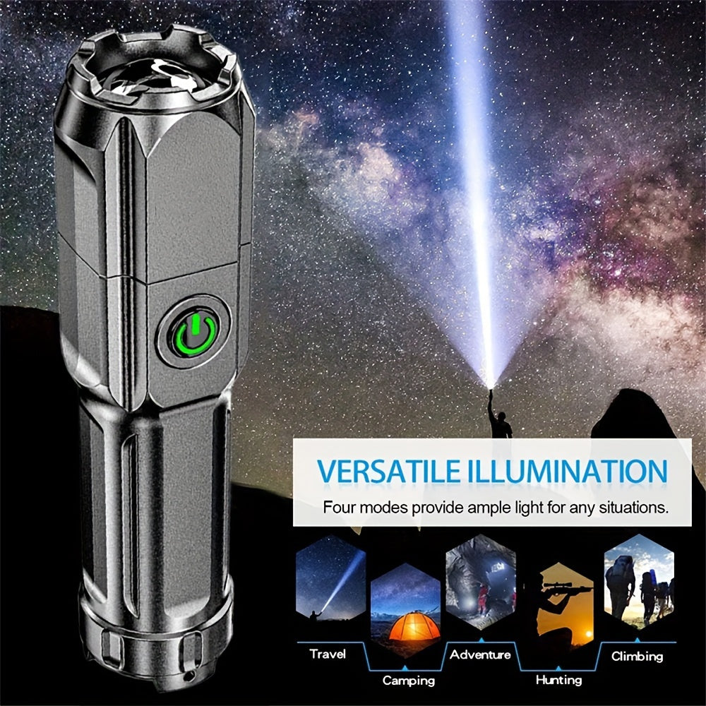 Rechargeable P50 LED flashlight with telescopic zoom and USB charging, 800mAh battery, non-waterproof. Ideal for outdoor activities, camping, and car repair.