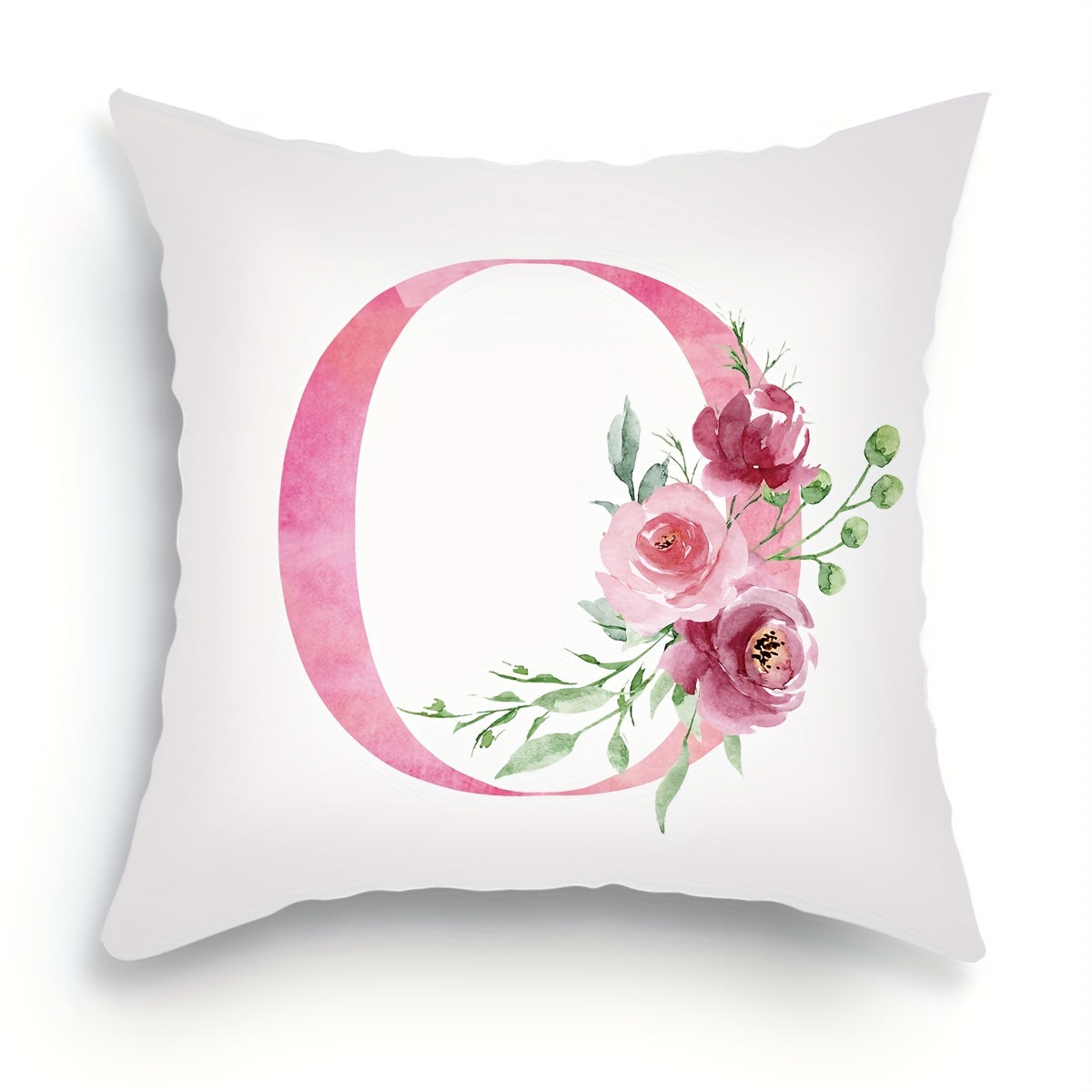 18x18 inch Alphabet Floral Pillow Cover featuring A to Z English Letters in pink print. Ideal for adding a contemporary touch to sofa, living room, or bedroom decor. Single-sided printing, insert not included.