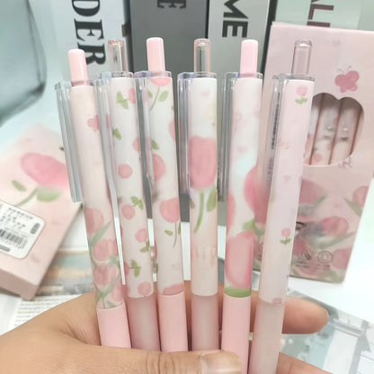 Limited edition set of 6 high-quality rollerball pens in pink Tulip and red Rose design, with water-based ink and fast drying capabilities. Medium point, made of plastic material.