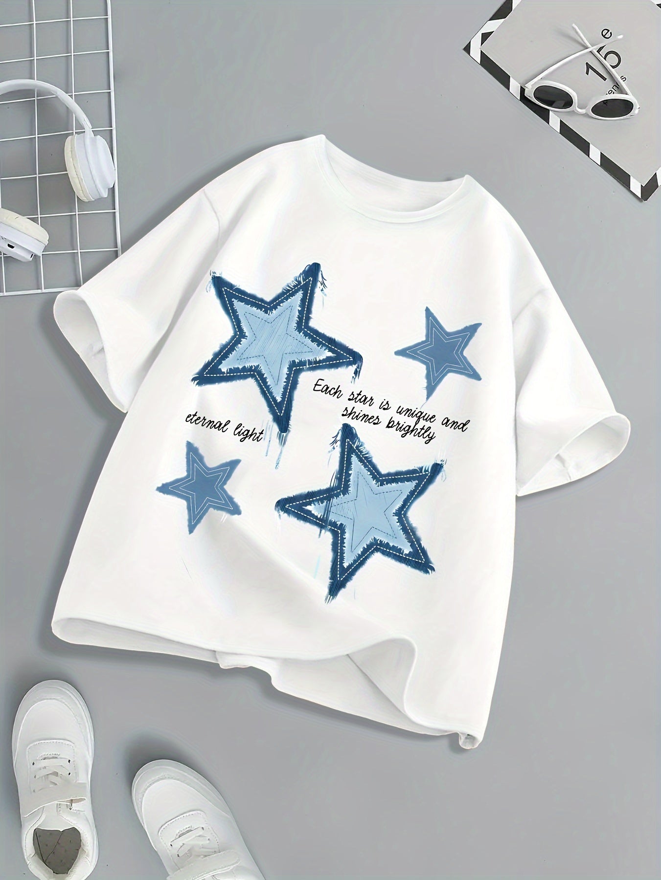 Black & White star print kids crew neck tee, comfortable, durable, athleisure style for summer 2024