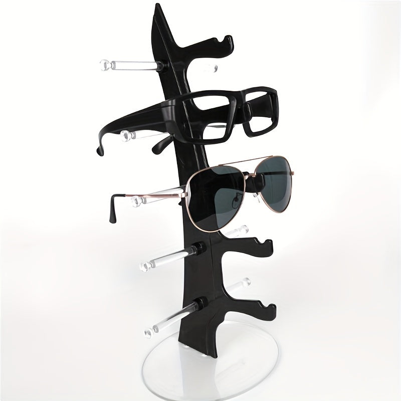 Sleek 5-Tier Acrylic Sunglasses Display Stand with Sturdy Base for Home & Retail Use. Clear Plastic Holder Keeps Glasses Organized and Easily Accessible.