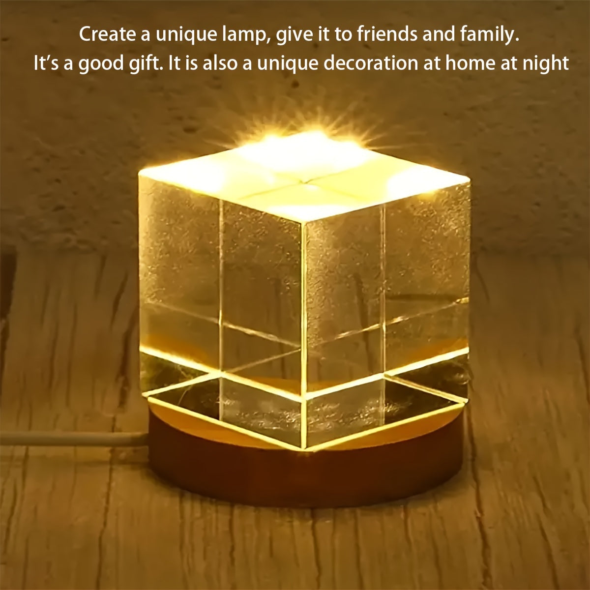 Handmade LED night light with wooden lamp holder and crystal ball base.