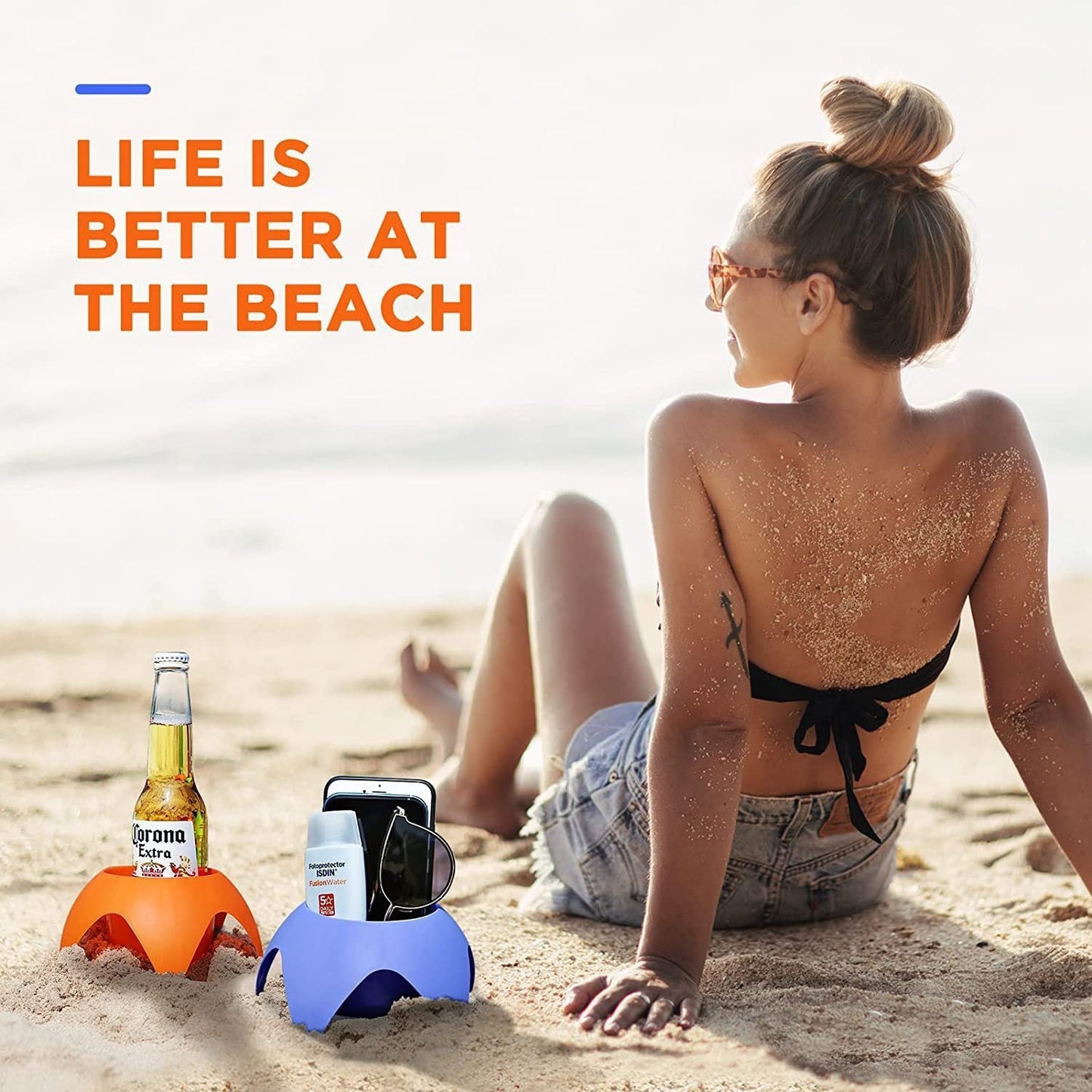 A versatile cup holder designed for outdoor use, this portable plastic tray is perfect for the beach and camping.