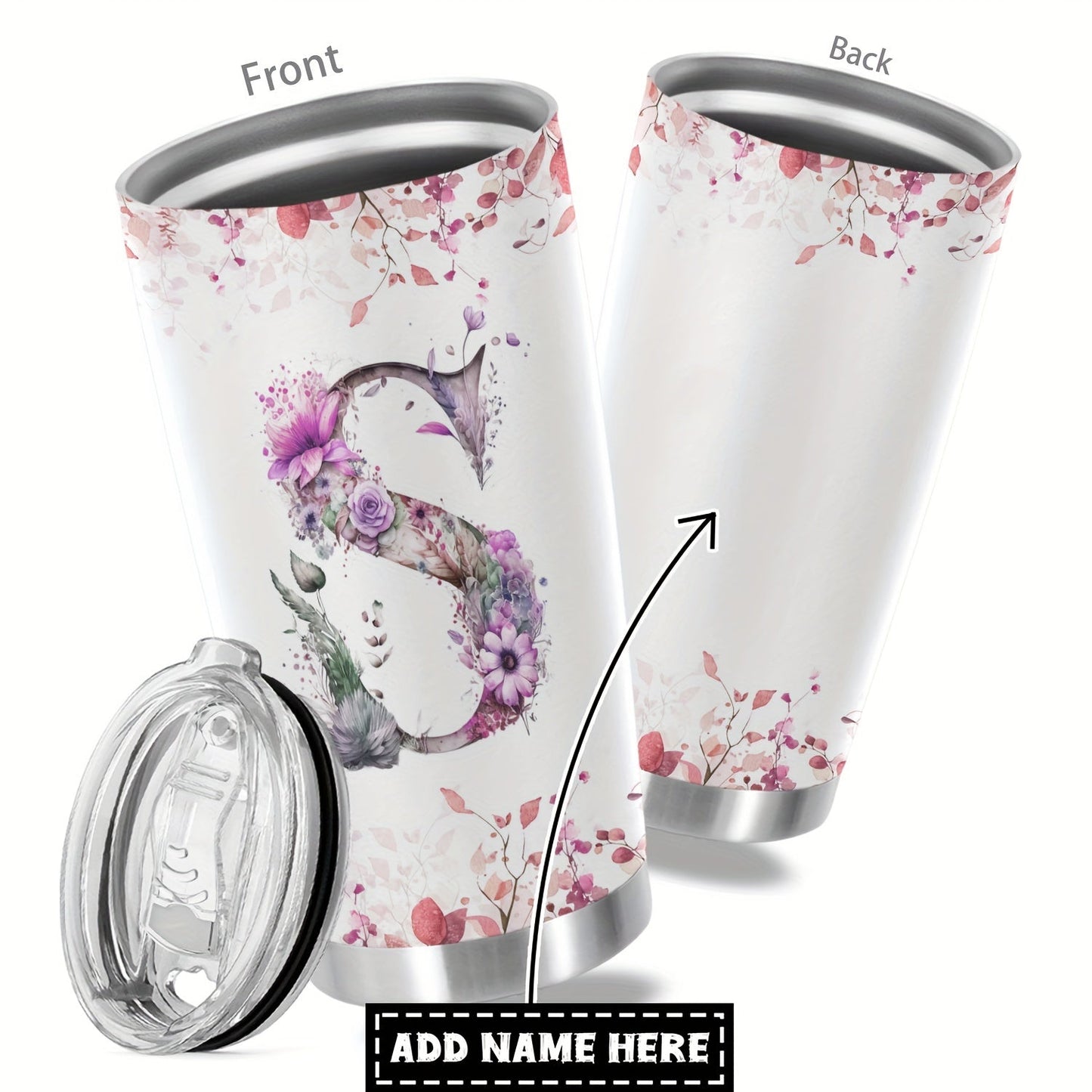 Customize your daily essentials with our Hsdiokl 20oz Insulated Stainless Steel Tumbler featuring a personalized name and flower design. This oval metal mug comes with 2 BPA-free lids, perfect for hand washing and multipurpose use. Designed for adults