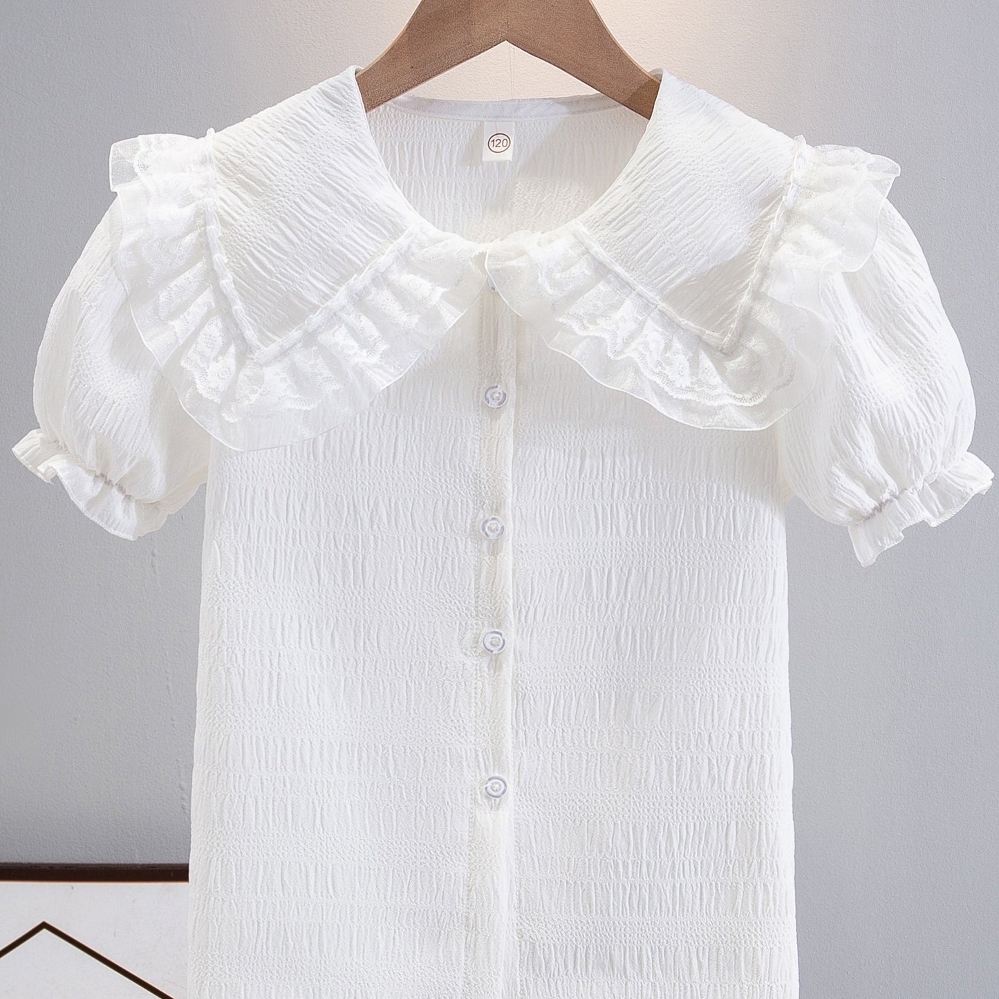 Girls' Short Sleeve Ruffle Blouse with Embossed Chiffon and Lace Collar, Sweet Bubble Sleeves, White School Shirt for Toddlers & Kids