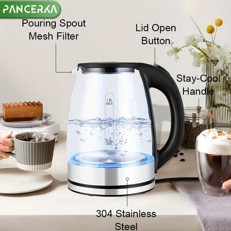 PANCERKA Electric Kettle, 1.8L, LED Illuminated, High Borosilicate Glass, Auto Shutoff, Boil-Dry Protection, 360° Base, Stainless Steel, 220V-240V, European Standard Plug, Rated Power 1500W