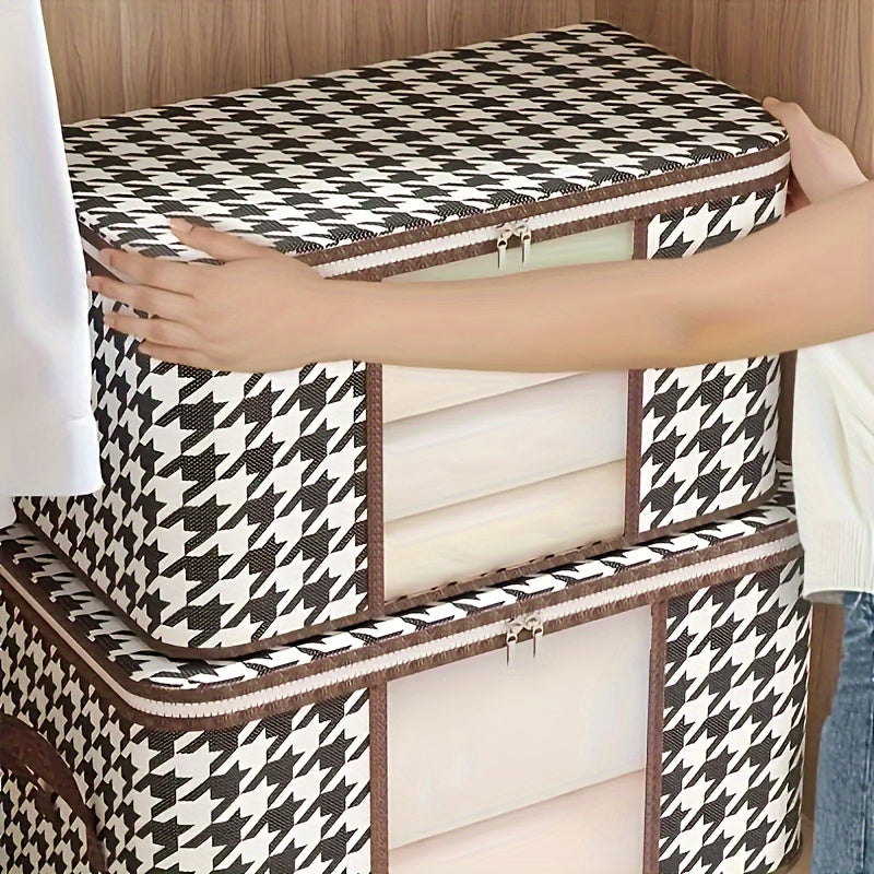 Chic houndstooth linen storage box with dustproof zippered design and clear viewing window for organizing car interior accessories and home items.