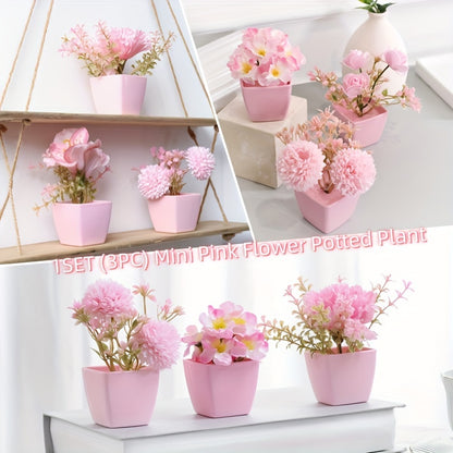 1 set of 3 mini decorative artificial flowers (rose, peach blossom, orchid pink) in small pots, perfect for weddings, home or office decor.