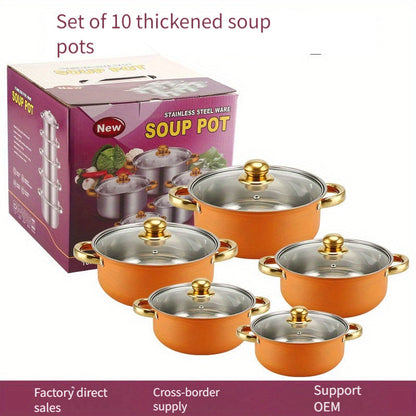 This Stainless Steel Cookware Set includes 10 pieces with lids, featuring Soup, Milk, and Sauce Pots in sizes ranging from 16.0cm to 25.4cm. Ideal for use in home kitchens.