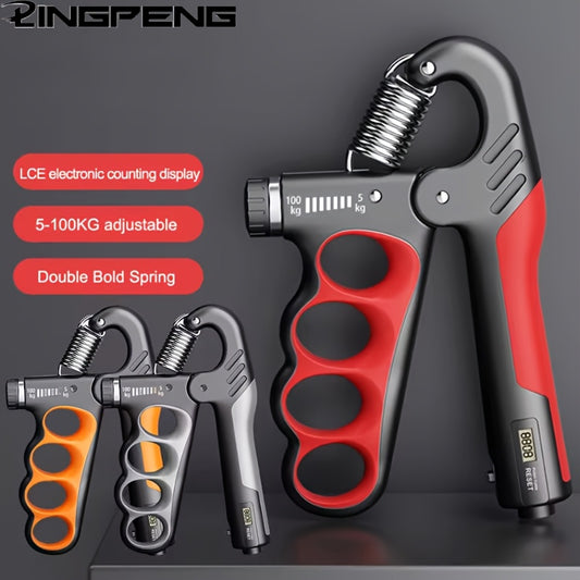 Hand grip strengthener with adjustable 5-100kg resistance and ergonomic design. Features double bold spring for fitness and rehabilitation training in orange/gray/red colors.