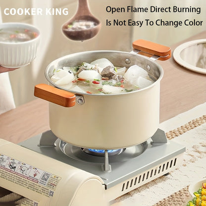 The Stainless Steel Stockpot from COOKER KING holds 5.6L, making it a Large Soup Pot with Lid and Double Handles. It is Non-Coated and Induction Compatible, perfect for making Stews and Soups. The pot has a 22cm diameter.