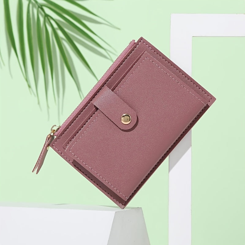 Slim short wallet for women with zipper closure, bifold design, credit card slots, coin purse, and solid color.