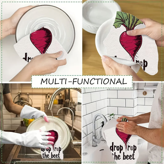 2 pieces of ultra soft polyester kitchen towels with a humorous "Drop the Beet" design. These towels are highly absorbent, machine washable, and measure 40.64x60.96 cm. Perfect for holiday decor and everyday use in the kitchen.