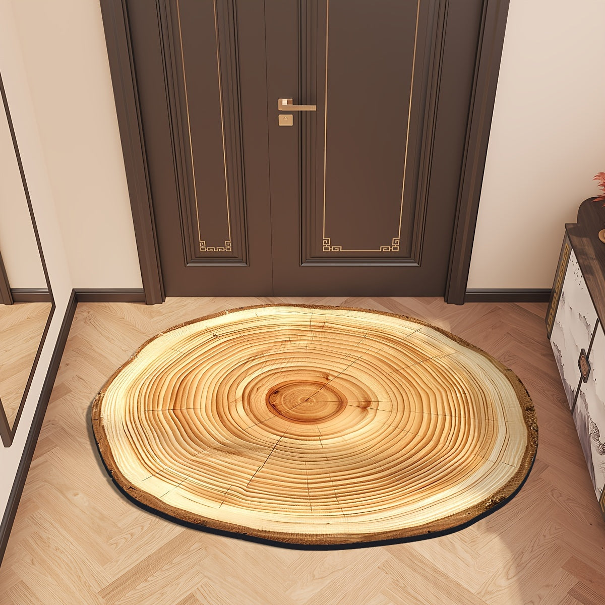 Wood Grain Tree Ring Design Indoor Doormat featuring a non-slip rubber backing for added safety. This decorative floor mat is made from machine-made polyester and is hand-washable. The low pile entry rug is flame resistant, making it perfect for use in