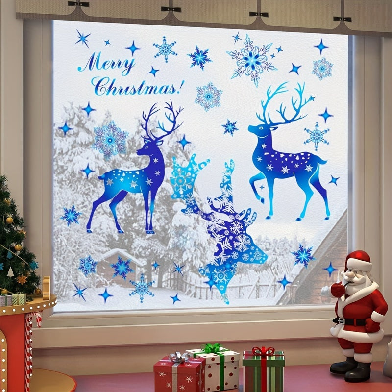 Christmas window decorations set including 5 pieces of window adsorption Christmas deer and snowflake stickers. Blue removable window decals perfect for Christmas party decoration.