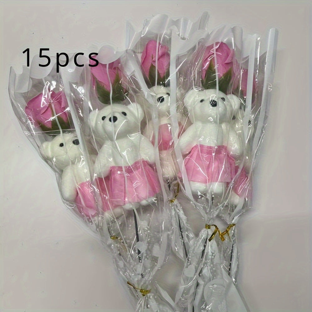 15 artificial rose bouquets with plush bears - ideal for birthdays, anniversaries, weddings, home decor, romantic gifts, and special occasions.