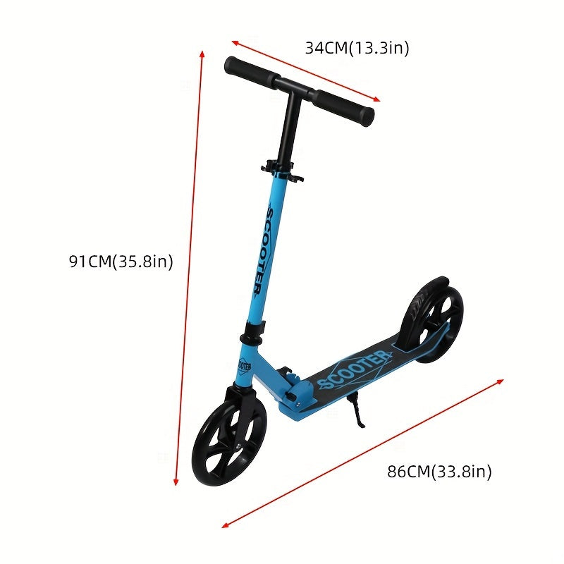 Adult kick scooter with iron frame, foldable design, rear brake, front suspension, anti-slip solid tires, adjustable height - ideal for commuters ages 14+ with maximum load of 100kg.