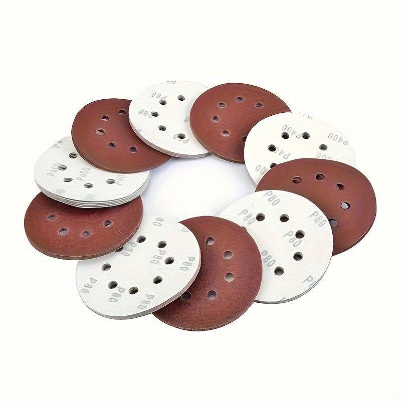 100 5-inch 125mm circular sandpaper with 8 holes, hook and ring system, used for polishing.