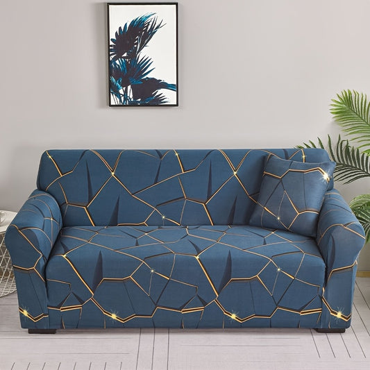 Modern geometric print sofa cover with golden accents, made of anti-dirty spandex blend. Fits 1/2/3/4-seater, L-shaped, and chaise lounges. Machine washable and perfect for living room decor.