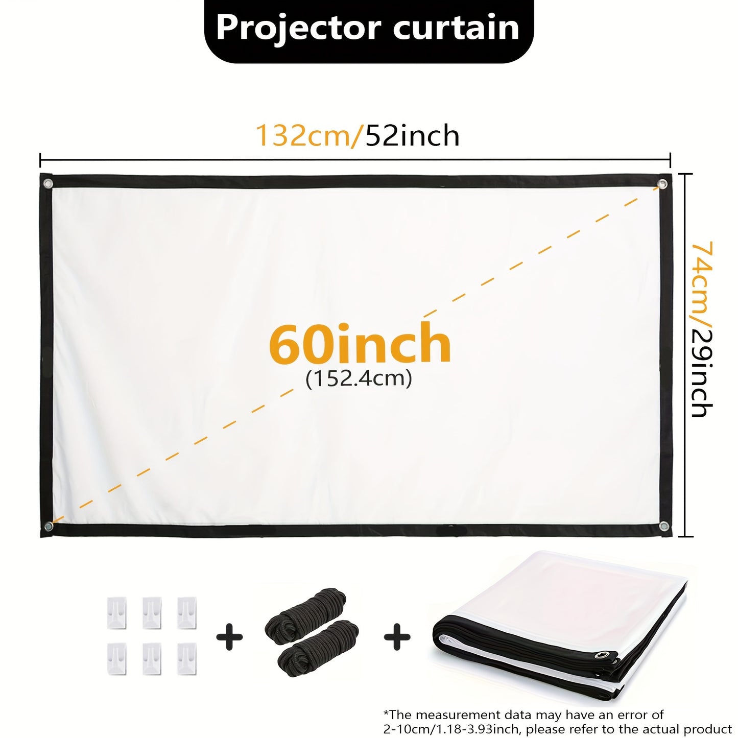 60-inch outdoor projector screen with 4K HD 16:9 resolution, foldable and washable. Portable design supports double-sided projection, ideal for home theaters and offices.