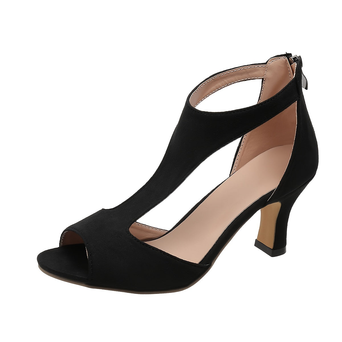 Peep toe T-strap high heels with chunky heel and back zipper in black.