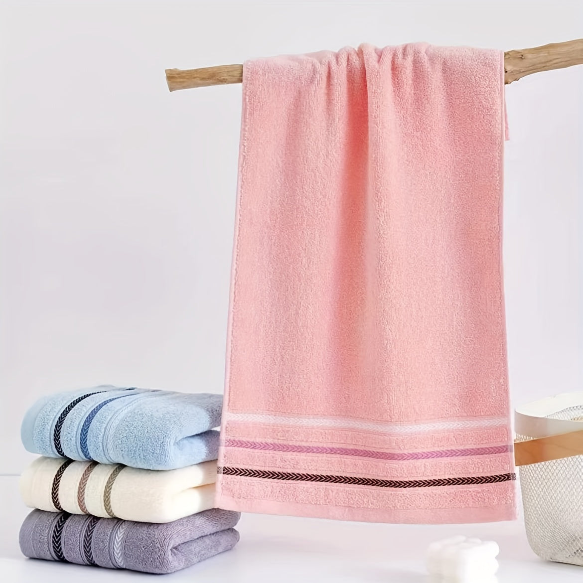 2 Soft Cotton Face Towels: Absorbent & Skin-Friendly, Striped Design, Reinforced Edges, 32.99cm x 72.01cm, Modern Style, Pink & Blue Shades, Bathroom Essentials, Plush Cotton Towels.