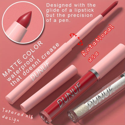 3-piece lip set with durable, waterproof, and sweat resistant formulas that are easy to apply and long-lasting. Includes lip gloss, lip liner, and lip glaze for a matte finish.