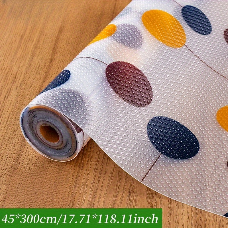 Vinyl kitchen cabinet liner with EVA material and patterned print, ideal for moisture-proof, dust-proof, non-slip shelf and drawer protection. Perfect for kitchen storage supplies and fridge table pads.