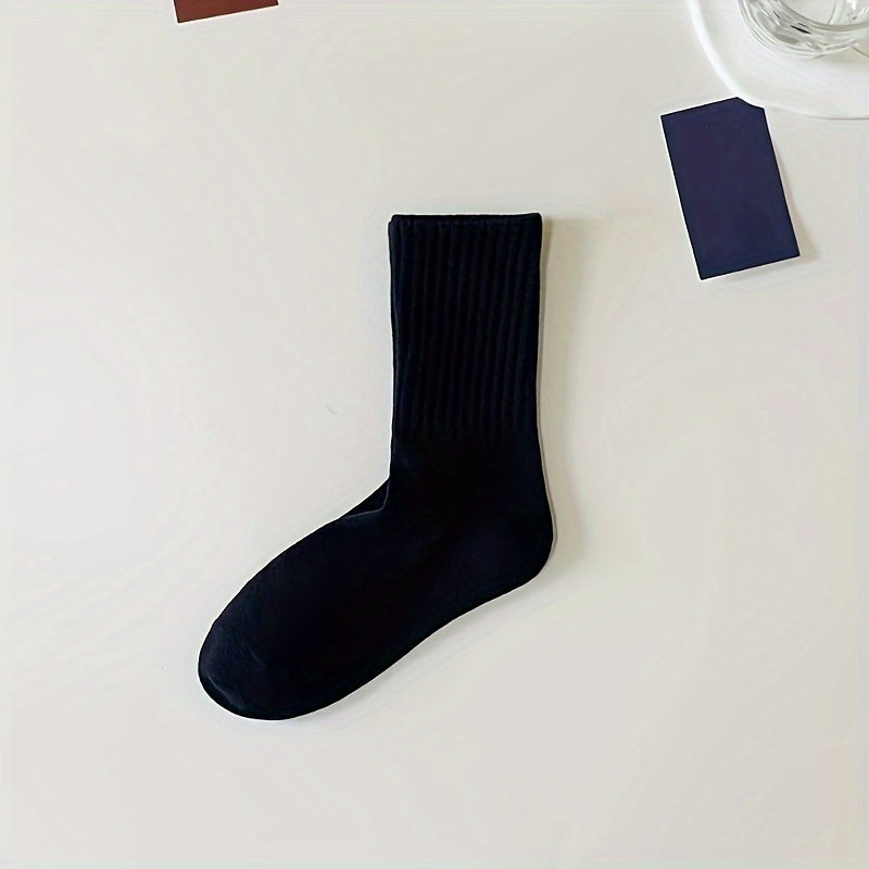 5 pairs unisex plain color crew socks, versatile and breathable for casual or sports wear.