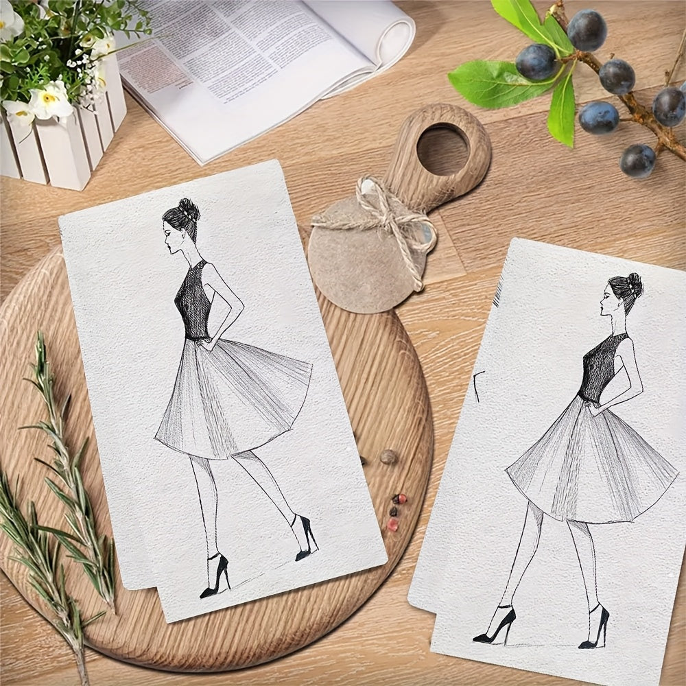 Two pieces of ultra soft kitchen towels featuring an elegant woman line art design. These highly absorbent and quick-dry dish hand towels are machine washable and have a contemporary style. With dimensions of 40.64x60.96 cm, they are perfect for holiday