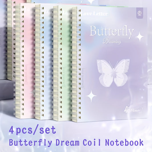 Set of 4 A5 butterfly dream coil notebooks with wide ruled spiral design, durable high-quality paper, lay-flat 360° design, cute and stylish for writing and notes.