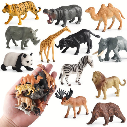 Wildlife animal figures set includes 12 realistic plastic miniature toys of tiger, lion, brown bear, elephant, and buffalo. Ideal for children ages 3-12 for science learning and cognitive