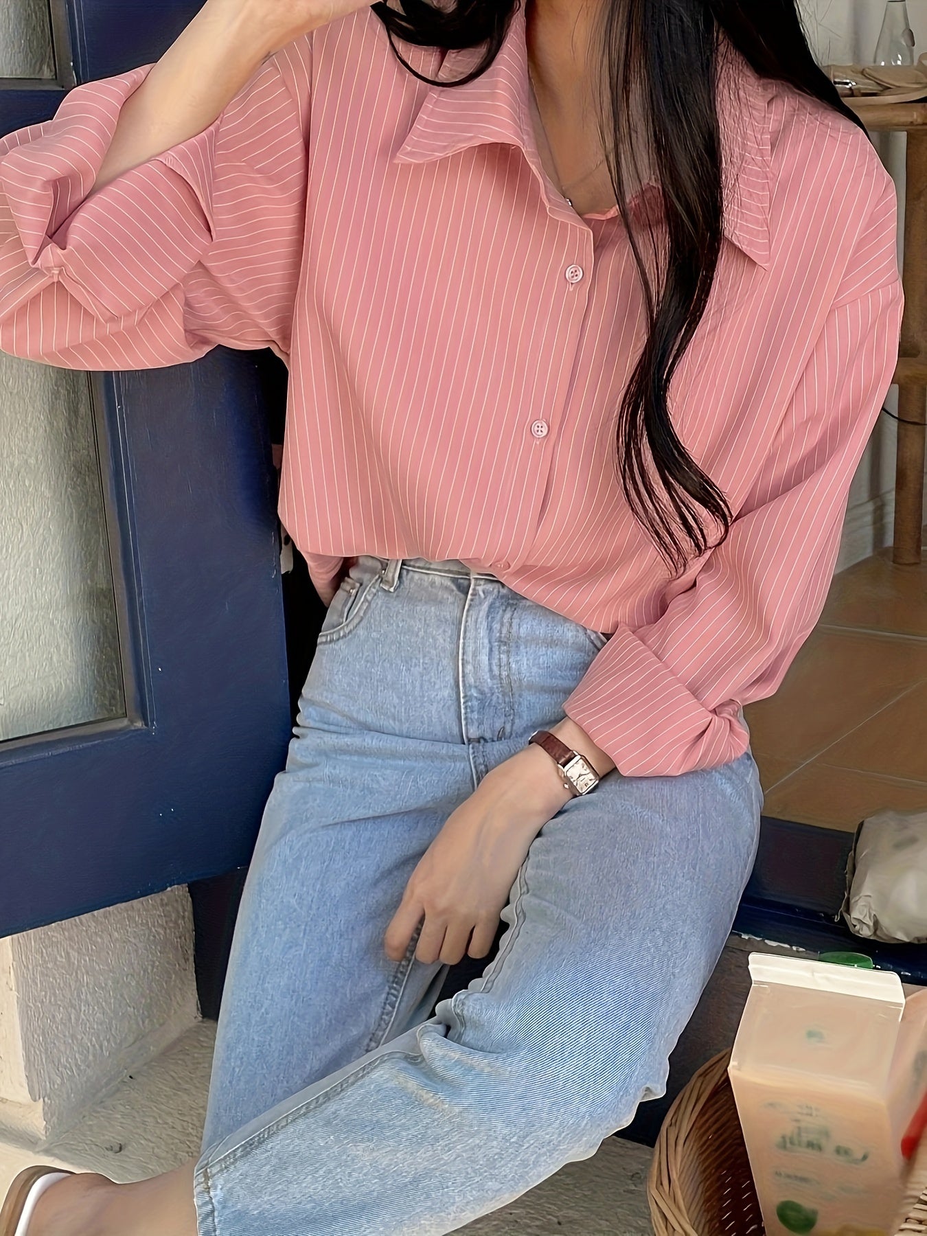 Women's light pink striped long sleeve button-up shirt in soft polyester fabric, with casual collar, machine washable for spring/summer/fall