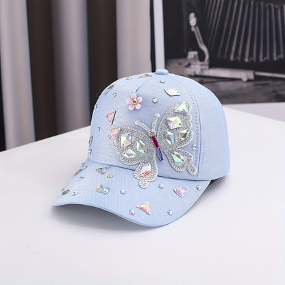 Lightweight cotton baseball cap with butterfly embellishments, rhinestone accents, adjustable fit, and woven craftsmanship. Fashionable sun protection hat for special occasions.