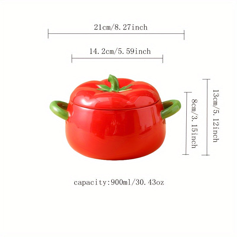 Large soup and salad bowl made of ceramic in the shape of a tomato, comes with a lid. Dishwasher safe and perfect for use in kitchens and restaurants. Makes for a unique gift idea.