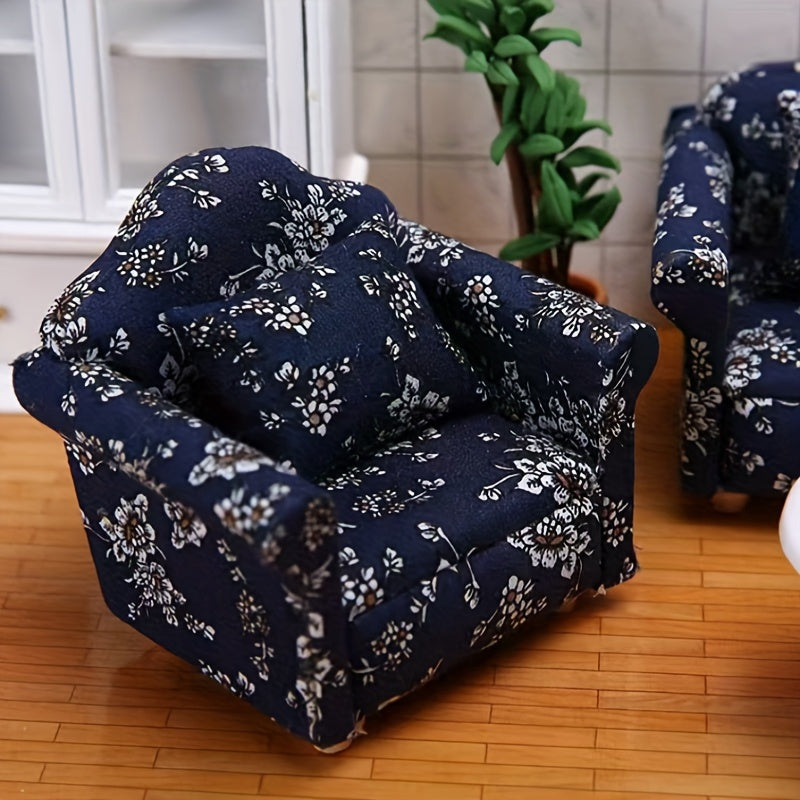 Beautiful small blue floral sofa, handmade from wood – a unique piece of pocket furniture, ideal for creating a stress-free atmosphere and giving as a special gift.