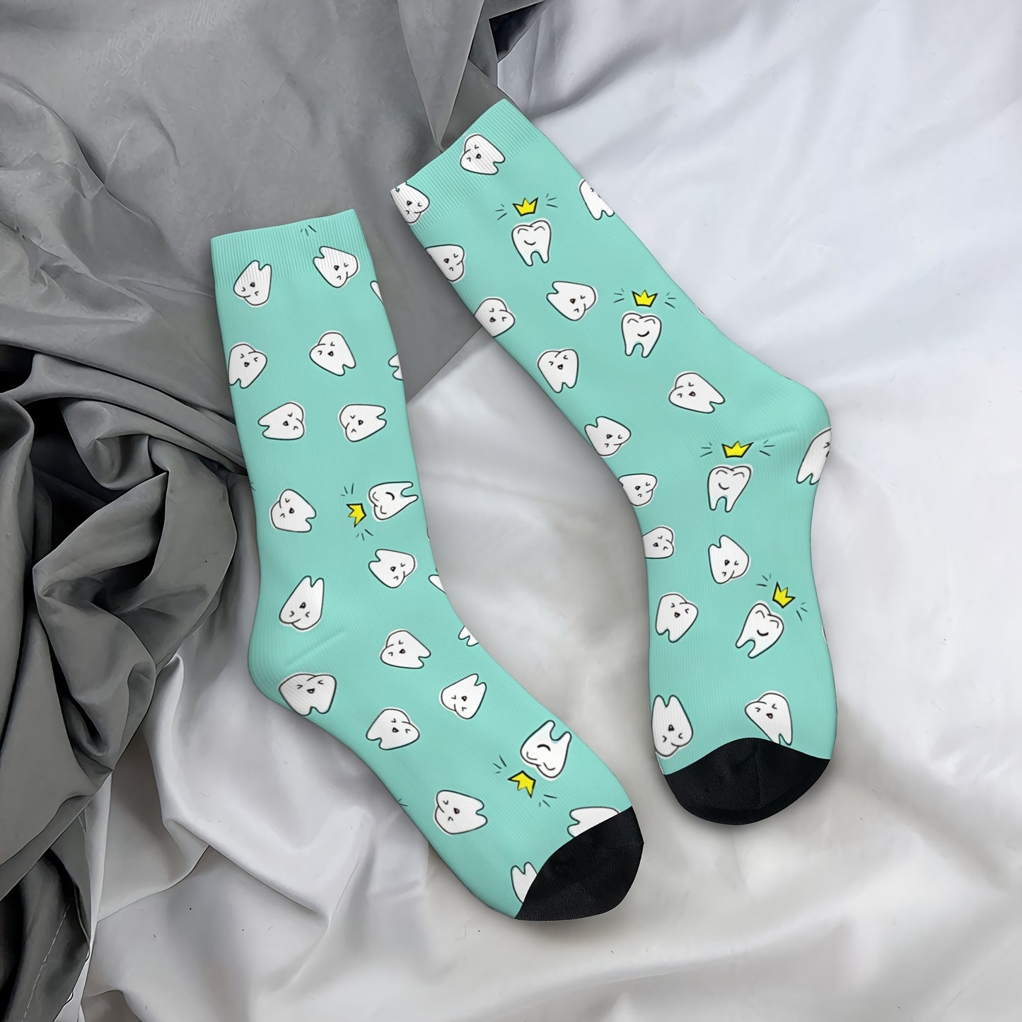 Novelty crew socks with 3D teeth print for all seasons- breathable and comfortable fit.