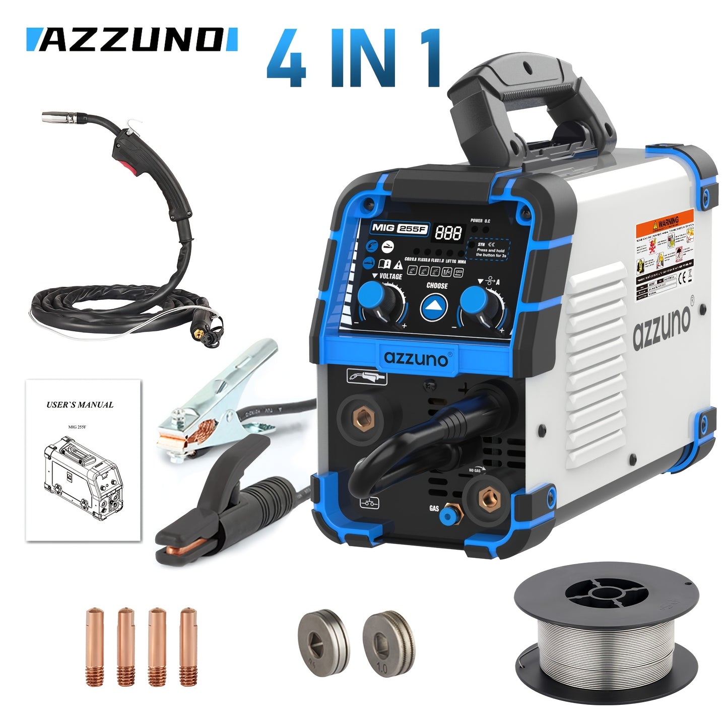 The AZZUNO MIG-255F is a versatile 4-in-1 CO2 gas shielded welding machine that is small, portable, and adjustable. It can perform MIG gas welding, MIG airless welding, MMA, and TIG LIFT