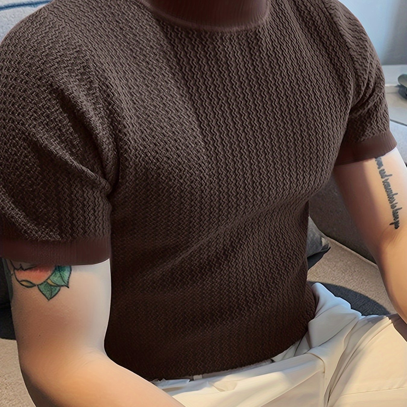 Men's striped turtle neck t-shirt in solid color for casual wear.