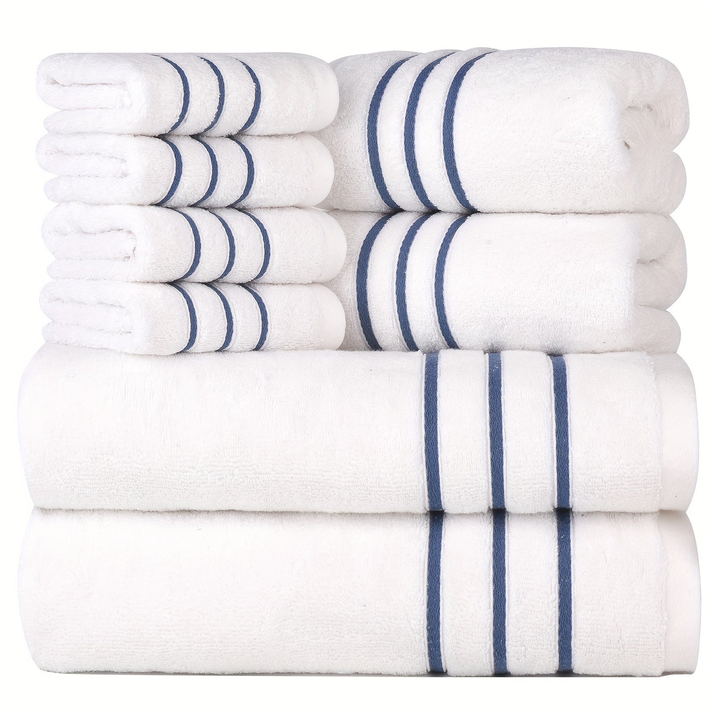 A set of 8 soft, premium cotton towels in various sizes, quick drying and fluffy, in multicolor. Includes 2 bath towels, 2 hand towels, and 4 washcloths. Perfect bathroom accessories.